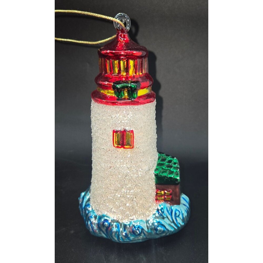 Hand-Painted Glass Lighthouse 7.5" Christmas Ornament Glitter Accents